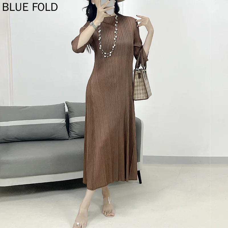 

MIYAKE 2024 Spring New Pleated Casual Three Quarter Sleeve Long Dress Women's Large Size Loose Slim Pleats Clothes Elegant PLEAT