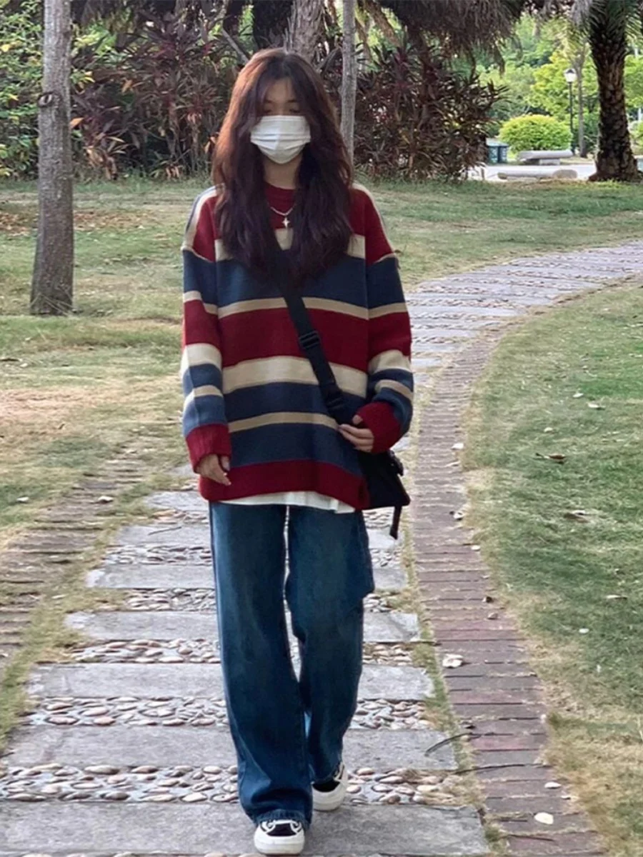 

Vintage Striped Sweater For Women In Autumn And Winter Design, With A Sense Of Niche Contrast, Loose And Lazy Knit Top