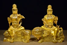 

13" Tibetan Temple Collection Old Coloured glaze outline in gold Manjushri Samantabhadra set worship buddha ornament Town house
