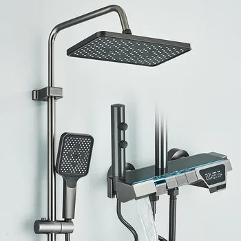 ชุดก๊อกน้ำฝักบัวห้องน้ำสีเทาจอแสดงผลดิจิตอลอัจฉริยะสไตล์เปียโนระบบฝนตกก๊อกผสมพร้อมบิเดต์/ฝักบัวมือ 1