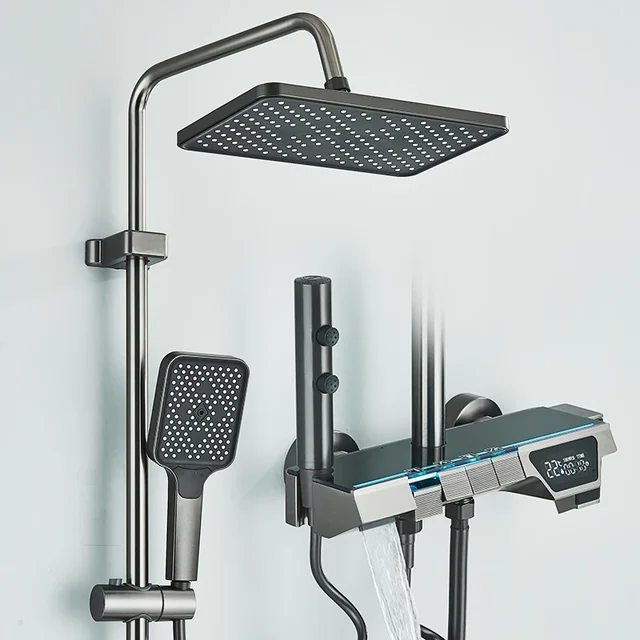 ชุดก๊อกน้ำฝักบัวห้องน้ำสีเทาจอแสดงผลดิจิตอลอัจฉริยะสไตล์เปียโนระบบฝนตกก๊อกผสมพร้อมบิเดต์/ฝักบัวมือ 1