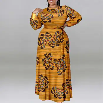 African Women's Plus Size Dress Ankara Printed Fabric Gold Cuffs Accessory Belt Ankle Casual Dress A2325011