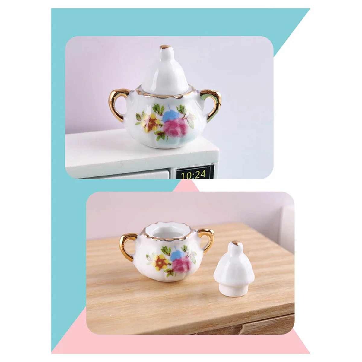 BAAU 2X 1:12 Miniature Porcelain Tea Cup Set Ceramic Tableware Teapot Kitchen Accessories Doll House Decor