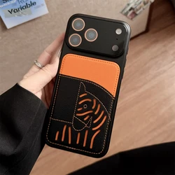 Cute Cartoon Horse Pattern Leather Wallet Case with Card Slots Cover - iPhone 15 (Orange)