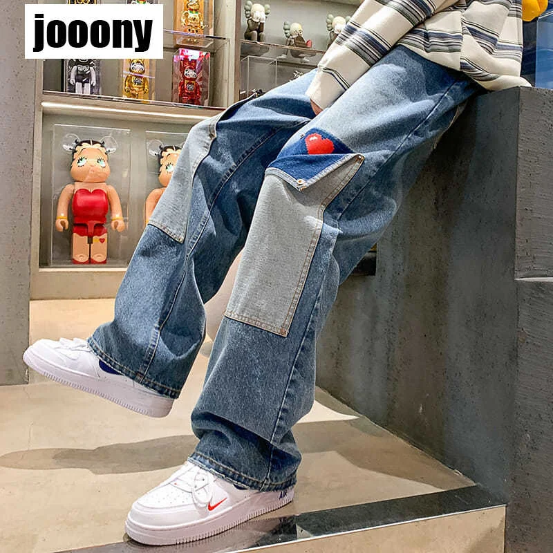 

Men Jeans Patchwork Multi-Pocket Couple Denim Pants Beggar Style cargo pants High Street Casual Male Streetwear