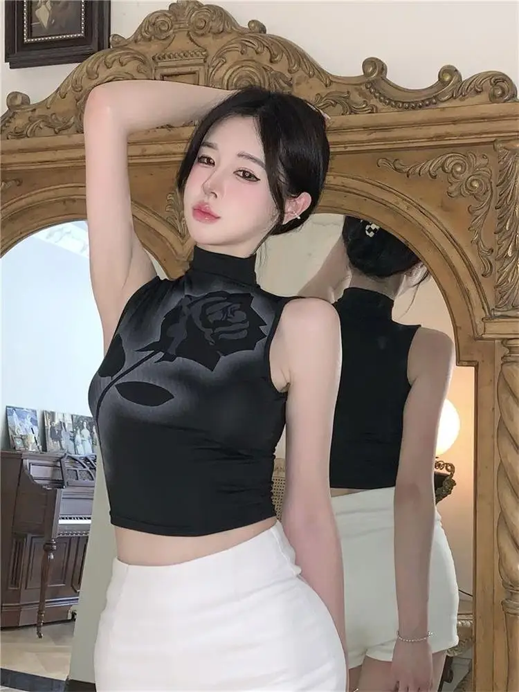 Gothic Rose Print Tank Top Aesthetic Y2K Crop Top Sleeveless Vest Harajuku Streetwear Black Summer Tops Women Slim Clothes