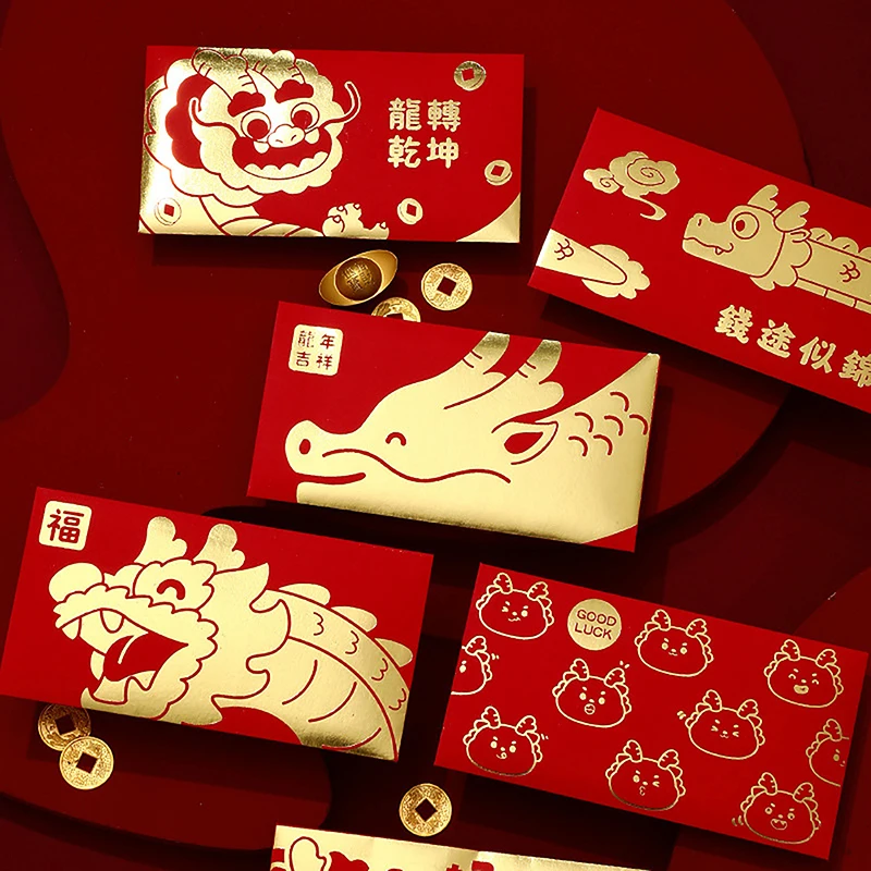 Envelopes vermelhos para o Festival da Primavera, pacotes de dinheiro da sorte, sacola dos desenhos animados, ano do dragão, ano novo, hongbao, bonito, 2024