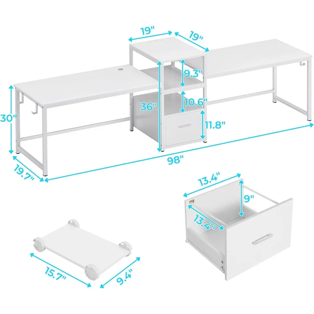 98" Home Office Desk, Computer Desk with File Drawer, Power Strip with USB, 2 Person Long Desk, Storage, Printer Shelf 2