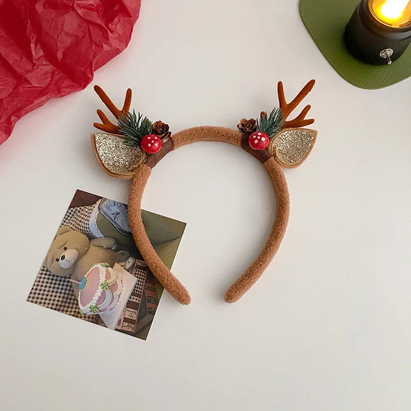 Christmas Headband Reindeer Antlers Horn Flower Hair Band Clasp Headwear for Kids Adult New Year Navidad Party Halloween Cosplay