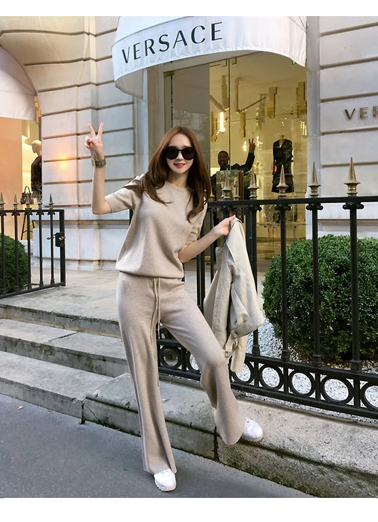 New Spring Summer Women's Tracksuit Knit Short Sleeve Pullover