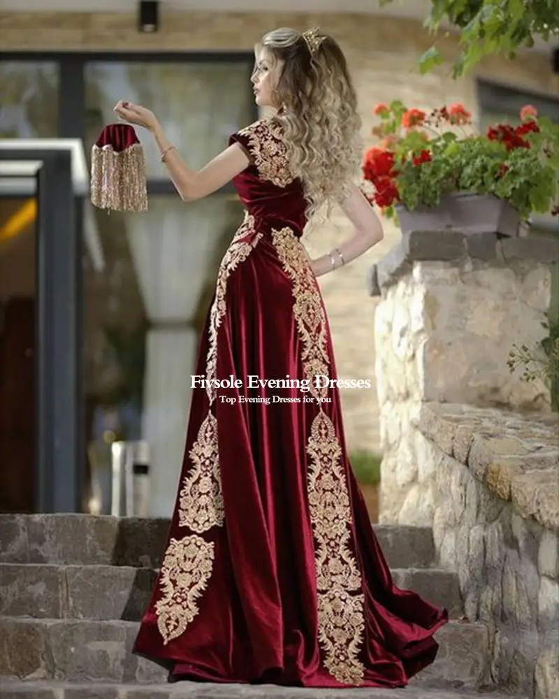 Fivsole Burgund Abendkleid mit Abnehmbaren Rock Appliques Kaftan Marocain Robe De Reveillon Samt Frauen Prom Party Kleider