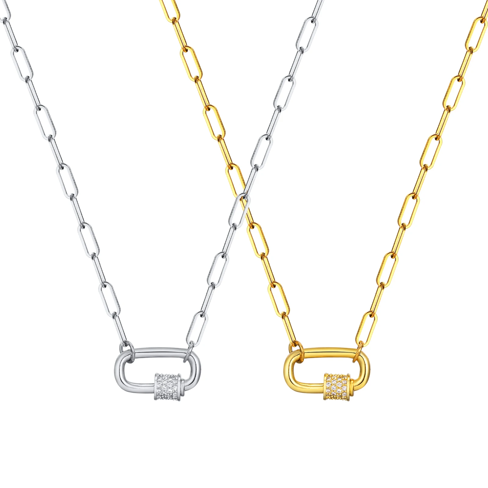 Paperclip Safety Pin Pendant Necklace For Women, Stainless Steel Zirconia Clip Drop Adjustable Chain 18k Gold Plated