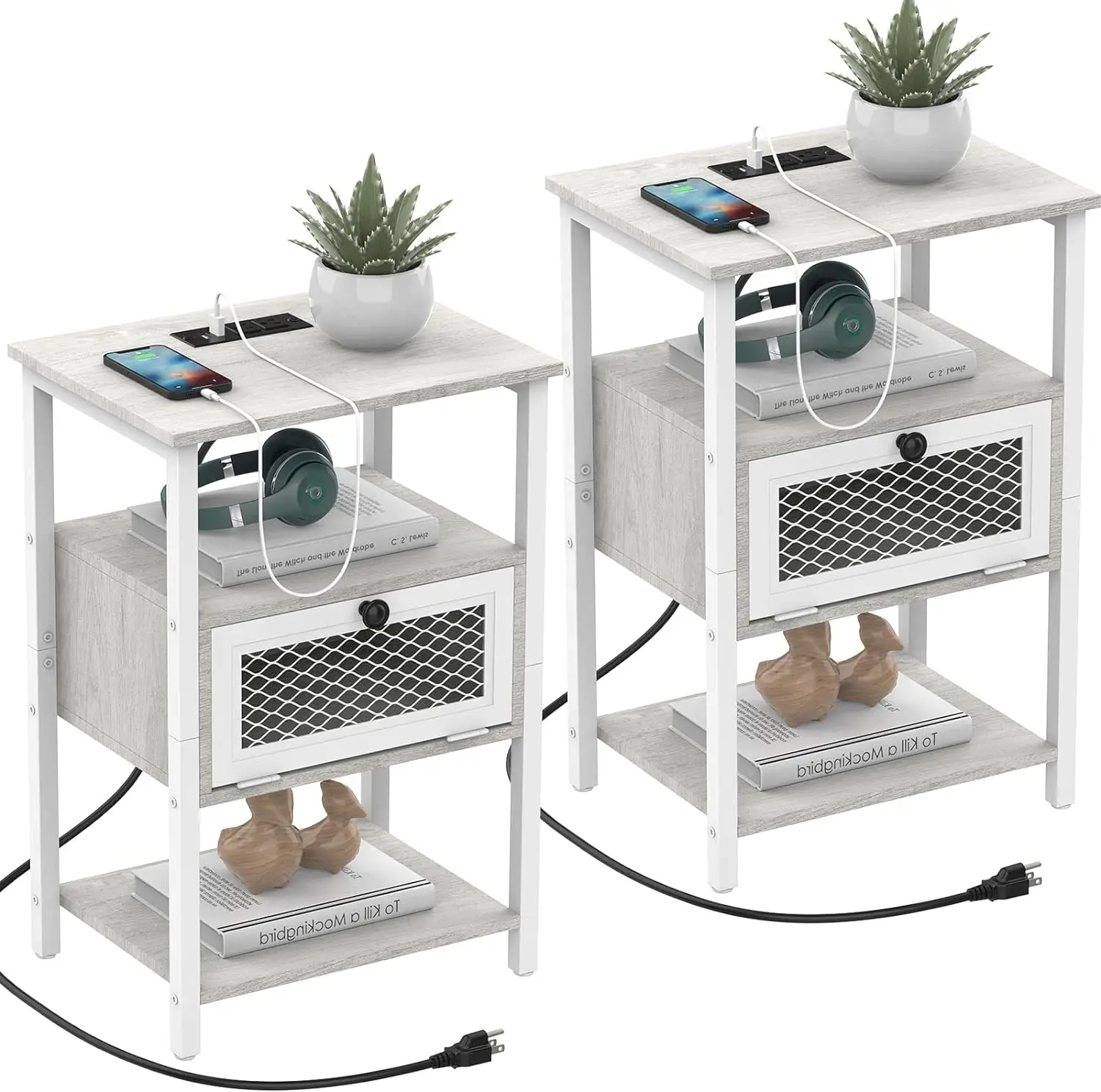 Set of 2 Nightstand Charging Station End Side Table Flip Storage Drawer Bedroom Bedside Table 1
