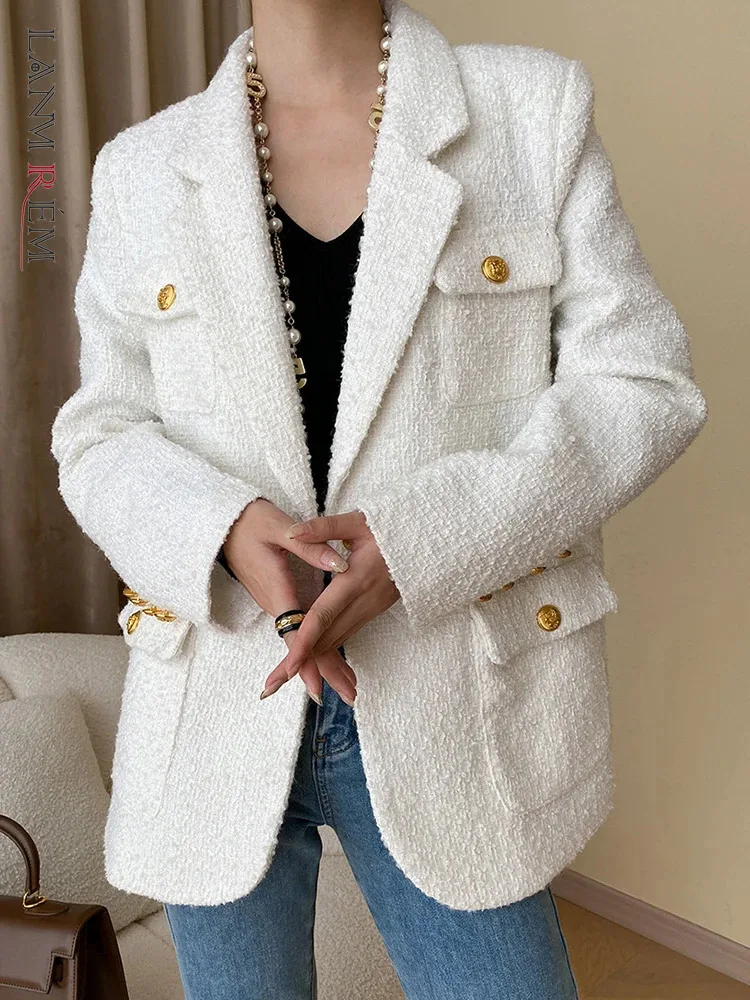 

[LANMREM] French Style Elegant Tweel Blazers For Women Single Button Office Lady Jackets Fashion Coats 2024 Spring New 26D7863