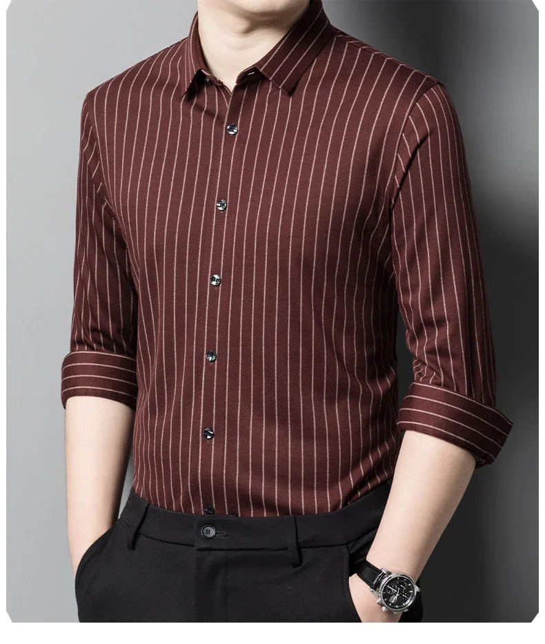 Seamless Wool Spring Autumn Men's Dress Shirts Luxury Striped Long Sleeve Business Casual Single Breasted Male Shirts 4XL