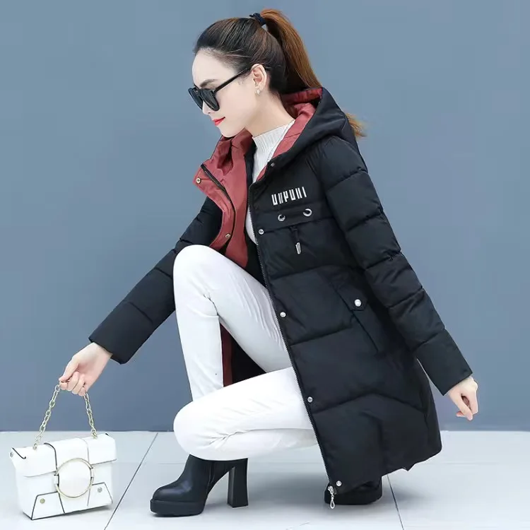 

Winter Cotton Women's Down Jacket Hooded Long Sleeve Cardigan Zipper Plus Size Loose Solid Thick Fashion Office Lady Down Jacket