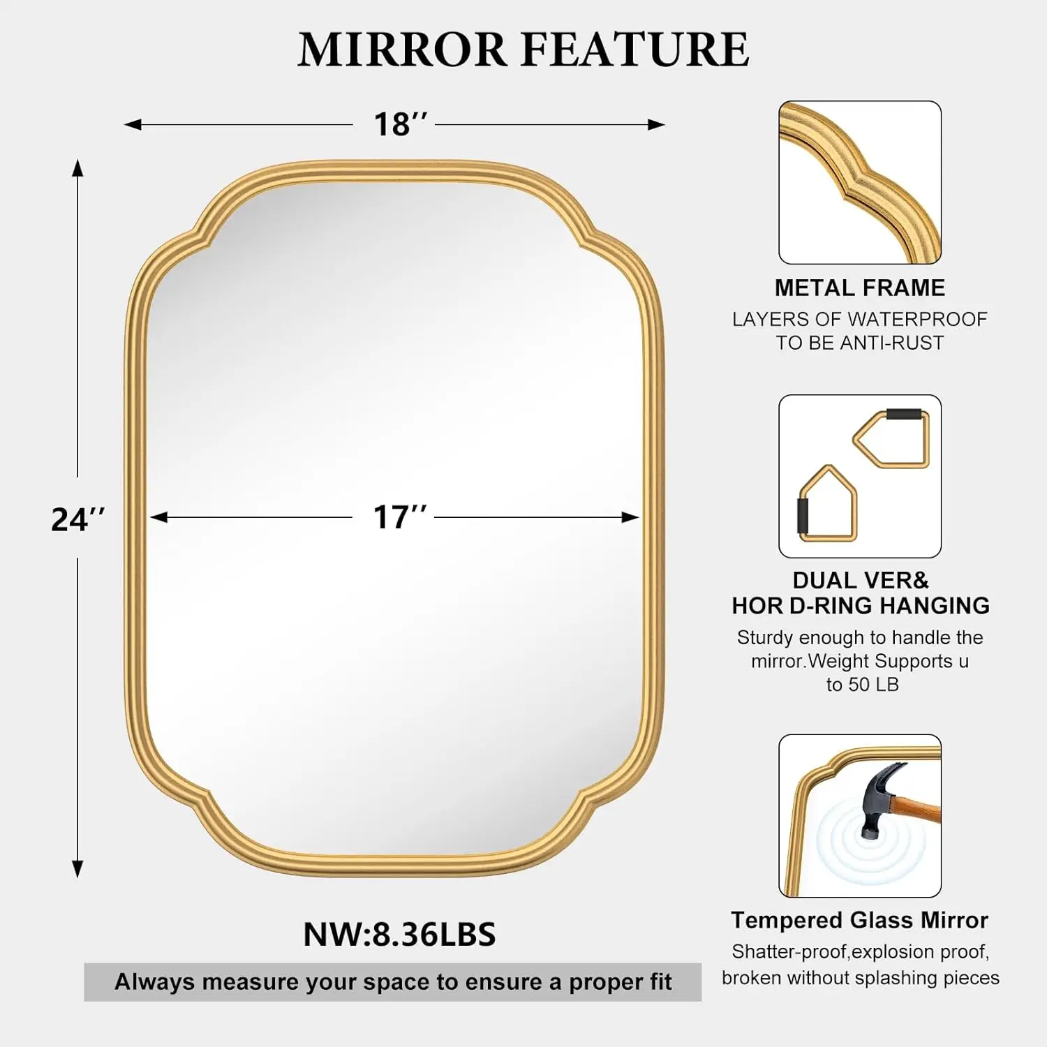 Gold Bathroom Mirror. 18"x24". Rectangular. Metal Frame. Farmhouse Style. Rounded Corners. Horizontal/Vertical.