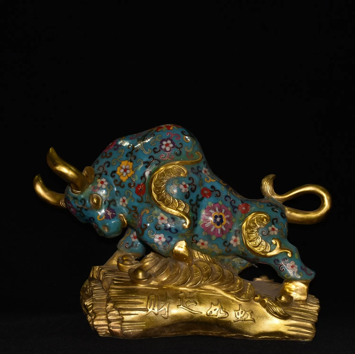

12"Tibetan Temple Collection Old Bronze Cloisonne Fortune Bull Fighting Bull Bullish Gather wealth Worship Hall Town House