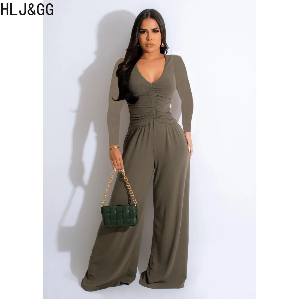 HLJ&GG Sexy V Neck Backless Ruched Jumpsuits Women Solid Color Long Sleeve Slim Playsuits Elegant Lady One Piece Overalls 2023