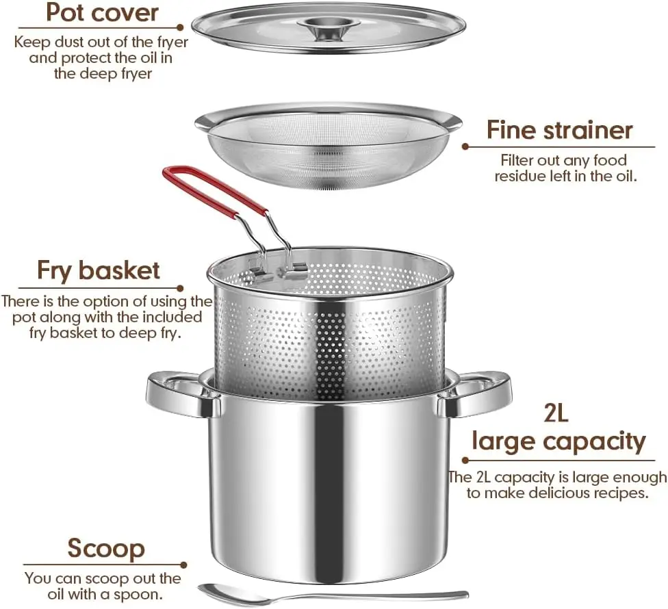 Stainless Steel Oil Filter Pan with Filter Frying Pan Double Ears with Frying Basket Cover Grease Storage
