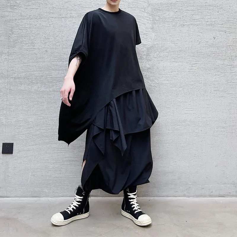 Dark Spring And Summer Niche Designer Models Left And Right Irregular Hem Short-sleeved T-shirt Men's Stage Design Top