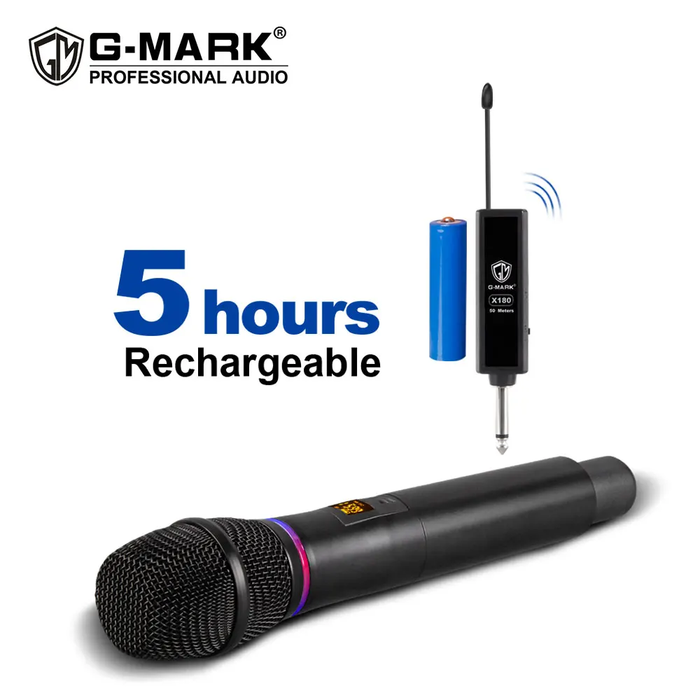 

Wireless Microphone G-MARK X180 UHF Dynamic Karaoke Handheld Adjustment Frequency Metal Body With Lithium Battery For Church