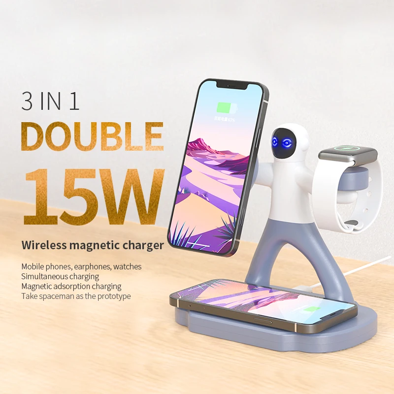 

3-in-1 Spaceman Macsafe Wireless Charger For Iphone 12 13Pro Max 15W Double Magnetic Fast Charging Base For Iwatch Airpods Pro