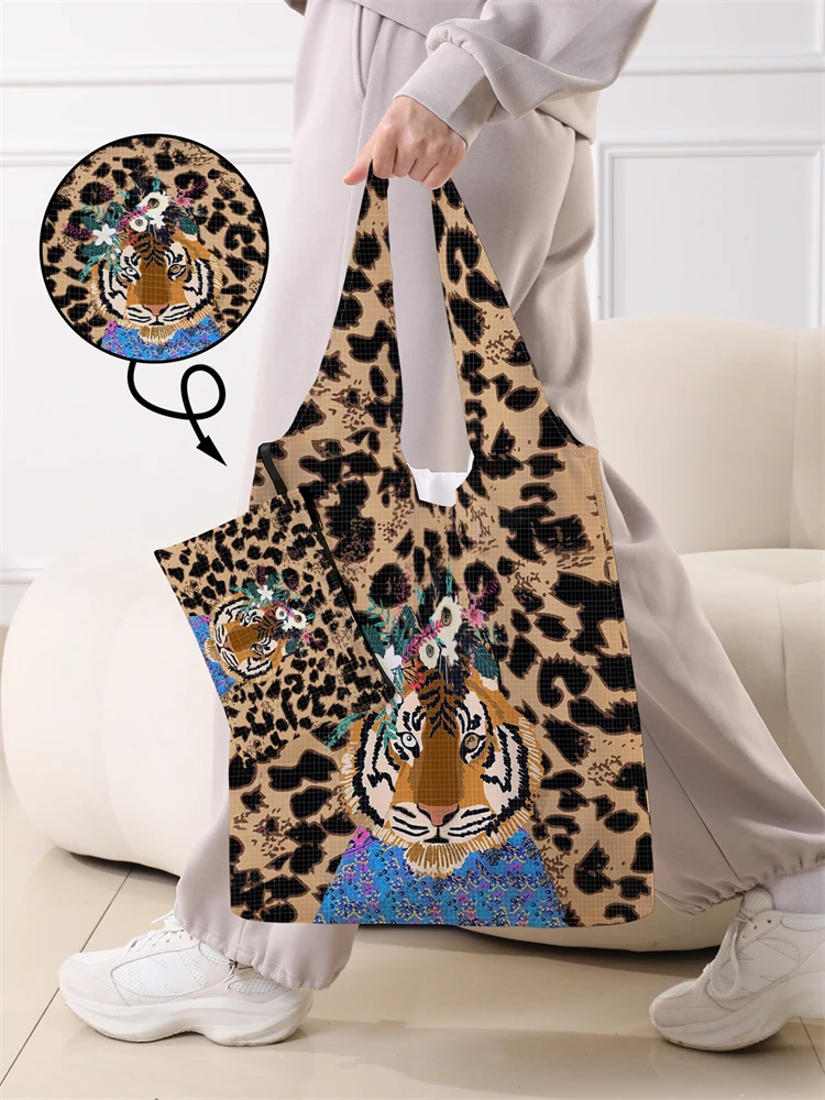 Ladies' Foldable Leopard Tiger Pattern Shopping Bag Foldable Storage Reusable Easy to Carry Capacity Handbag