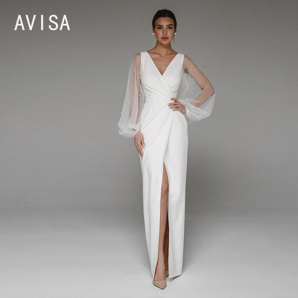 

Simple Beach Wedding Dress Civil White Sheath Bridal Gown Illusion Pearls Sleeve Slit Floor Length Custom V Neck vestidriee 2023