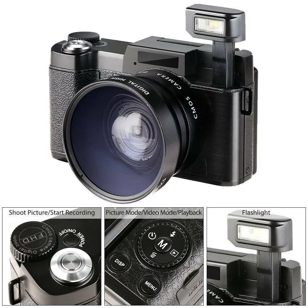 HD Digital Camera 24MP Photographic Camera 4x Zoom Rotating Screen Professional EIS Video W/ Wide Lens