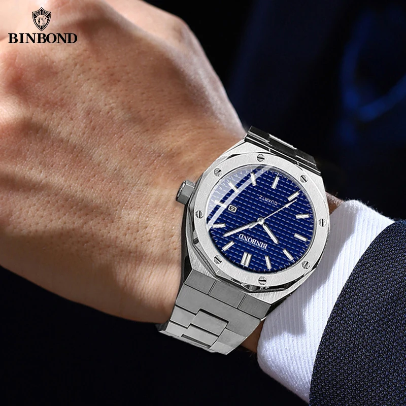 BINBOND B0233 Top Brand Casual Business Quartz Men Watch Stainless Steel Calendar Wristwatch Classic Luminous Fashion Mens Watch