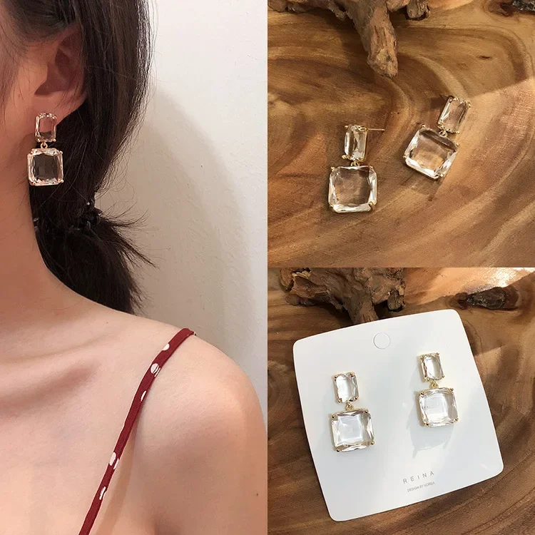 Korean New Design Fashion Jewelry Double Square Earrings Luxury Transparent Glass Crystal Party Earrings for women gift crystal earrings