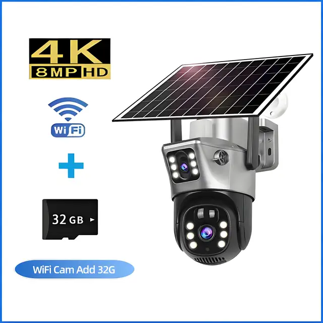 4K 8MP 4G Sim Solar Camera Outdoor Dual Lens Wireless WiFi Surveillance IP Camera PIR Human Detection Solar Security CCTV Cam