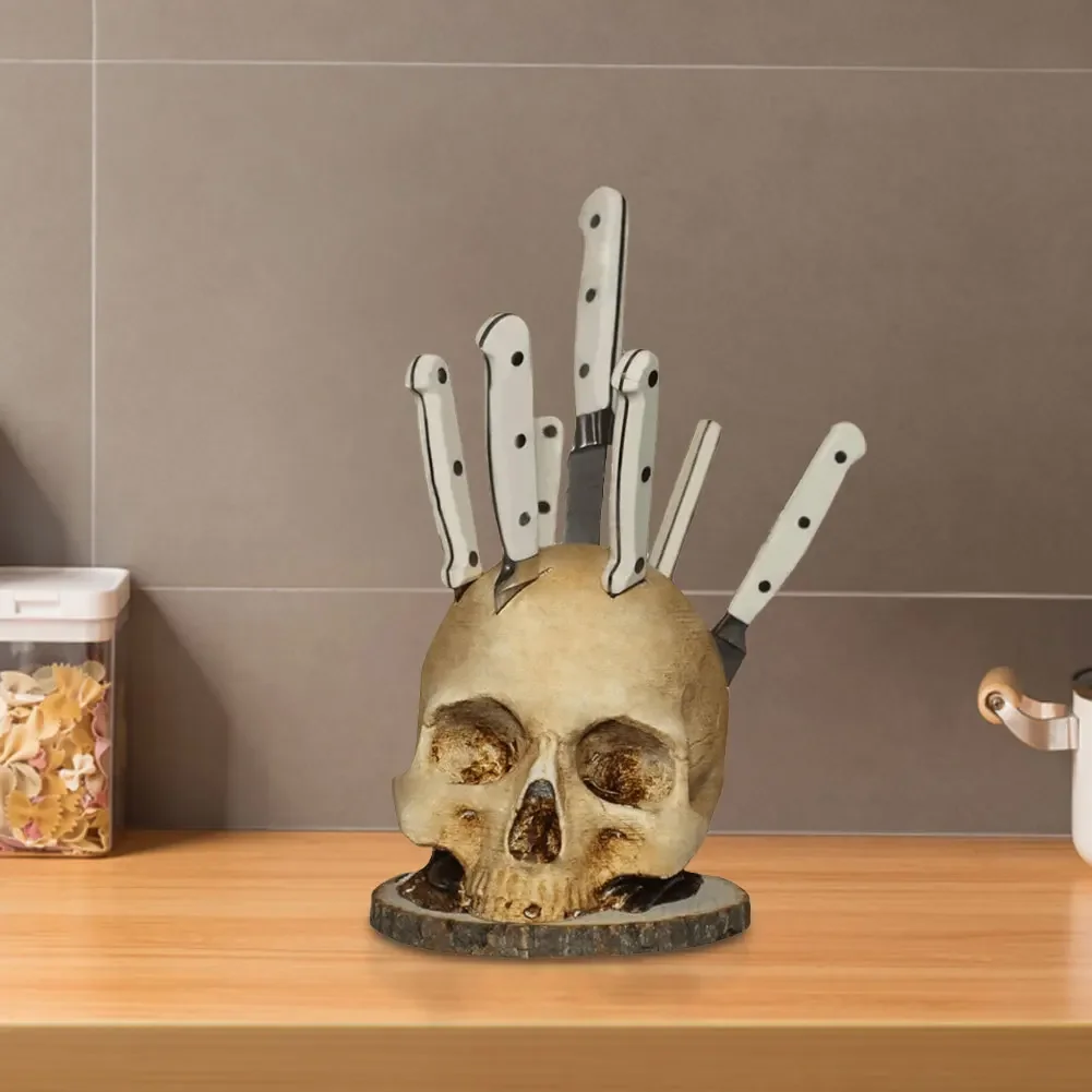 Skull Knife Holder Kitchen Horror Knife Storage Rack Halloween Ornament Gifts Party Tool Kitchen Decoration Storage Accessories