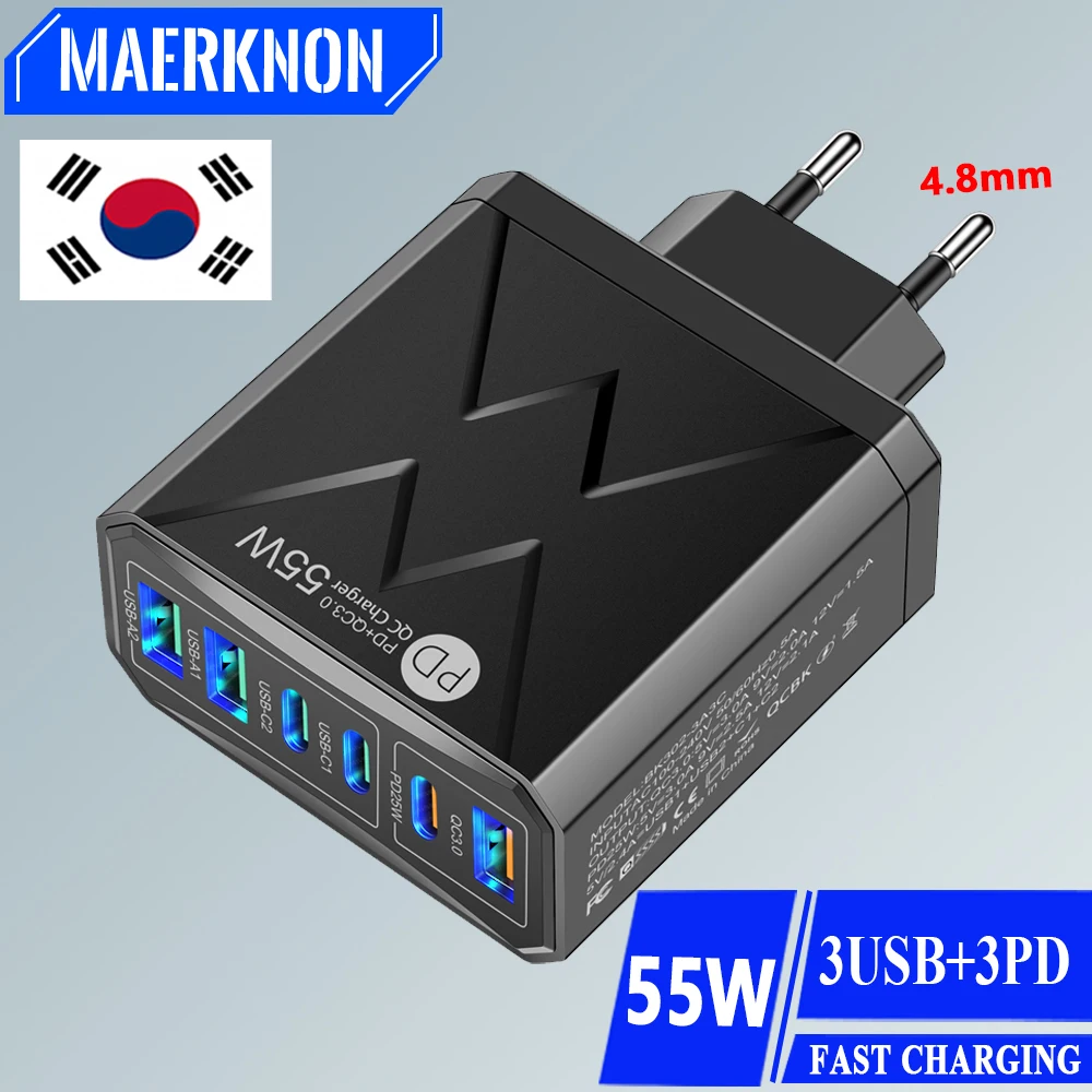KR 플러그 USB C 충전기 고속 급속 충전 Muti 6 포트 한국 플러그 55W 삼성 A23 S23 S21 iPhone 15 pro max 14 13 12 샤오미 OPPO C형 PD 급속 충전기 