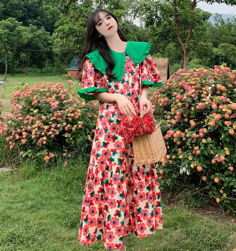 

Large 4XL Women Floral Print Midi Long Boho Dress 2022 Summer Short Sleeve Peter Pan Collar Vacation Party Dresses Vestido Robe