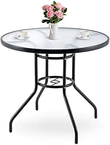 

Glass Table, 32 Inch Round Bistro Table with Umbrella Hole, Outdoor Dining Table with Metal Frame Tempered Glass Top for Backya