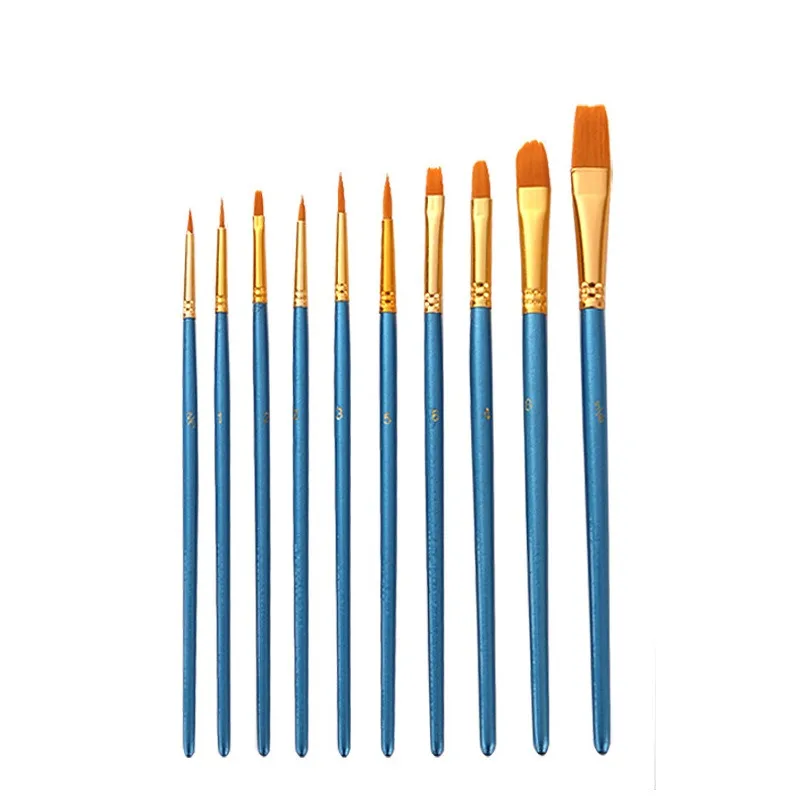 10Pcs Painting Brushes Set Art Round Flat Hair Nylon Hair Paint Brush Pen Oil Acrylic Watercolor School Art Stationery Supplies