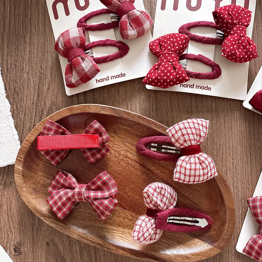 2Pcs/set Baby Red Korean Fashion Kids Girls Hair Clips Dot Plaid Bow Barrettes for Children Hedawear Hair Christmas Accessories