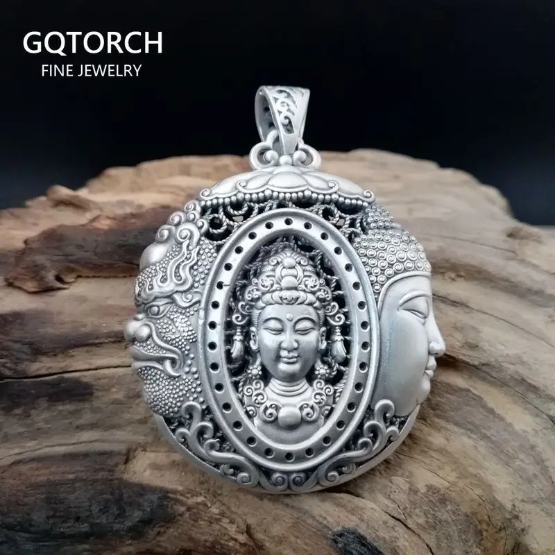 

999 Sterling Silver Hollow Pendant Necklace Between Buddha and Devil Patron Saint Amulet Jewelry For Men and Women