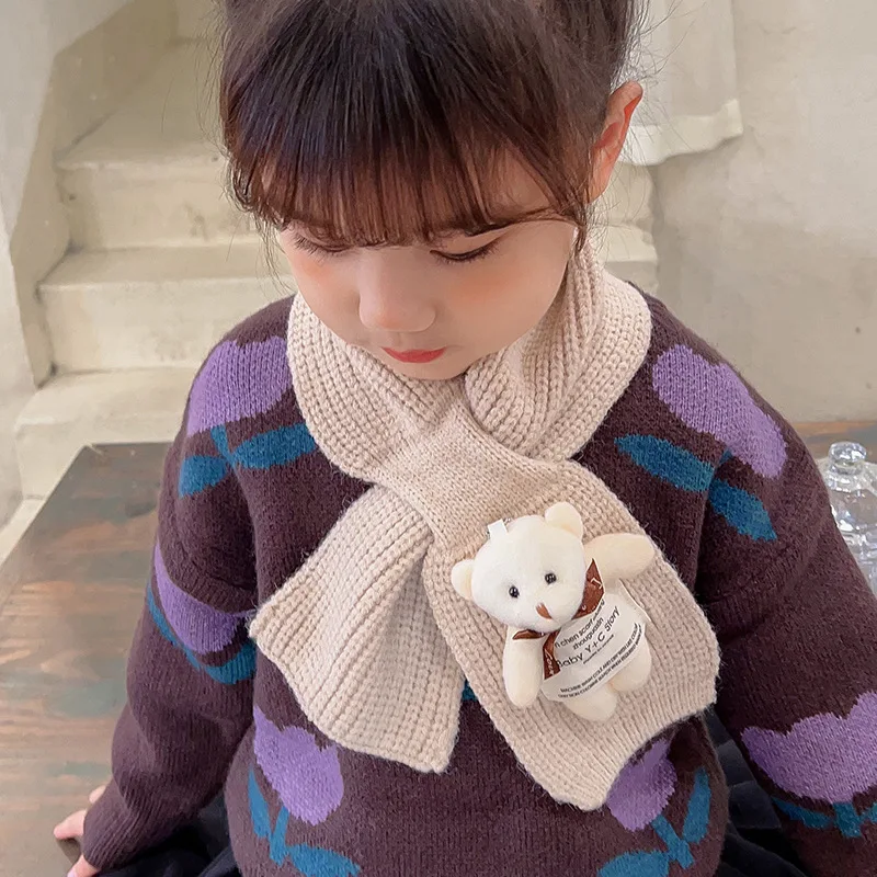 귀여운 곰 천 라벨 크로스 베이비 스카프 신상 가을 겨울 어린이 따뜻한 니트 스..
