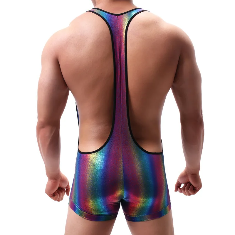 Male Sexy Chameleon Boxer Pants One-piece Swimsuit Men's Underwear Gym Wrestling Bathing Suit Colorful Jumpsuit Plus Size Men Swimsuit Sports Jumpsuit Pants