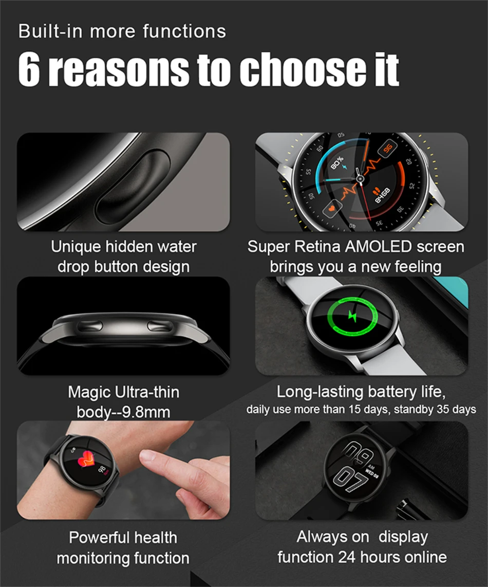 KALOSTE New Smart watch Men 360*360 AMOLED Full Touch Sport Fitness Tracker Women Smartwatch Clock Man For Huawei Xiaomi apple