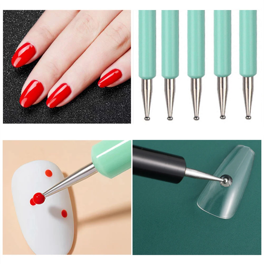 5pcs/Set Dual-Ended Nail Art Dotting Pen Rhinestones Handle 3D UV Gel Liner Flower Pattern Drawing Painting Brush Manicure Tools 3