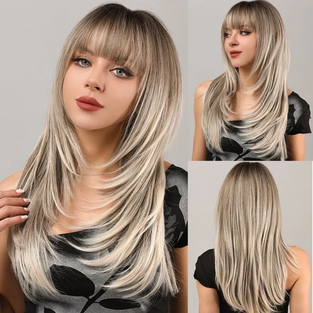 Women Synthetic Hair Wigs Long Blonde Bangs Dark Root Layered for Daily Use Fashion Ladies