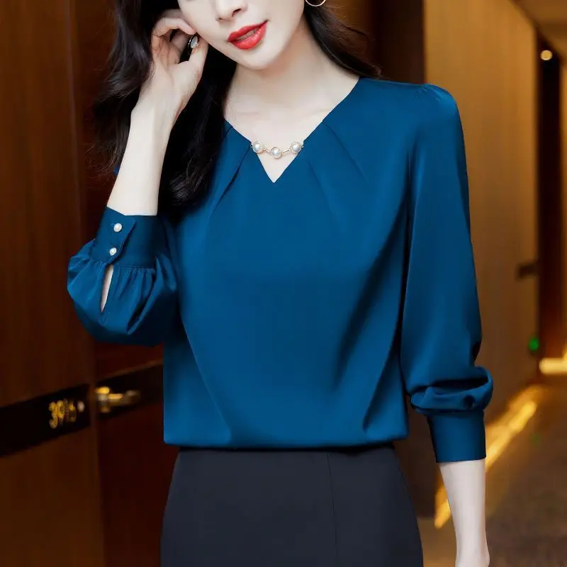 자수 플레어 블라우스, 시크한 단색 블라우스, 오피스 레이디 여성복, 한국 상의 티셔츠, 하이엔드 우아한 패션, 2023 신상
