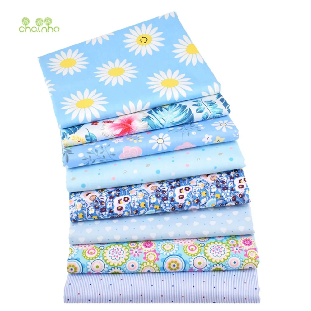 Chainho,Printed Twill Weave Cotton Fabric,Patchwork Cloth,DIY Sewing Quilting Material,Blue Floral Serie,8 Designs,2 Sizes,CC302