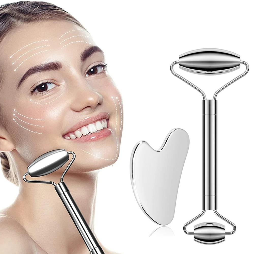 Stainless Steel Facial Roller Gua Sha Set Face Massager Eye Neck Body