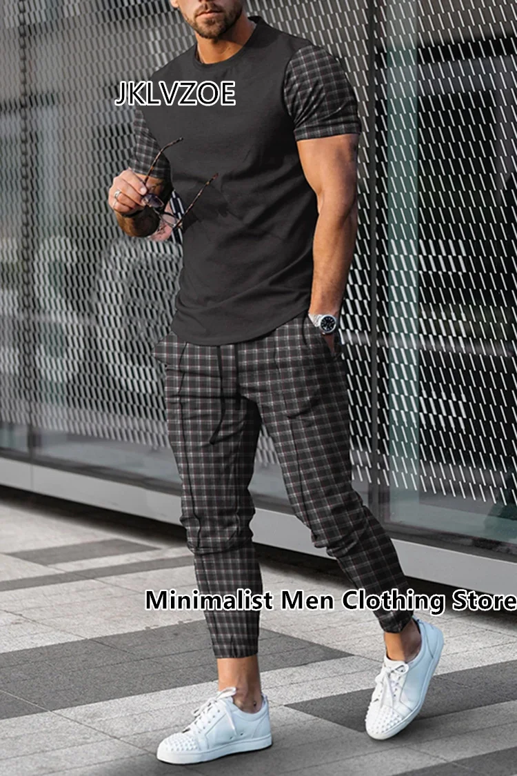 Fashion Men's Trousers Tracksuit 2 Piece Set Sportswear Summer Streetwear Stripe Short Sleeve T Shirt+Long Pants Street Clothing