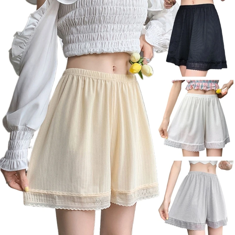 Women Shorts Underwear Ice Silk Half Slip Lace Underpants Safety Pant Wide Leg Loose